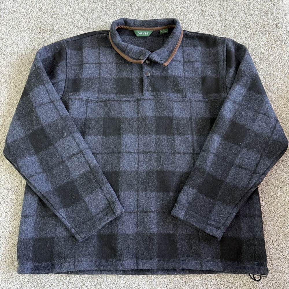 Orvis Jacket Mens Large Gray Fleece Plaid Anorak Snap Pullover Collared Warm